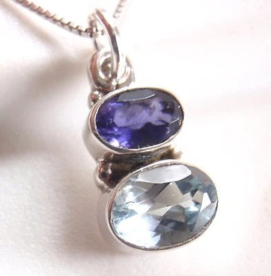 Colgante de plata de ley 925 doble gema de topacio azul y yolita facetada muy pequeño Foto 1 de 4