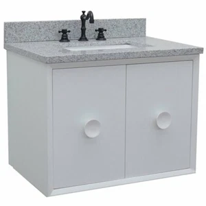 Stora Solid Wood Wall Mount Rectangle Sink Vanity with Gray Top in White - Picture 1 of 8
