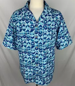 SPICY TUNA Mens LARGE Teal White Geometric Lightweight Button Up Hawaiian Shirt - Picture 1 of 7