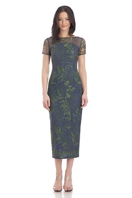 JS COLLECTIONS Floral Embroidered Sheer Illusion Yoke Midi Tea Length Dress 10 M - Image 1 of 4