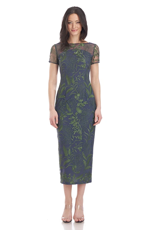 JS COLLECTIONS Floral Embroidered Sheer Illusion Yoke Midi Tea Length Dress 10 M - Image 1 of 4