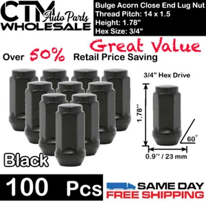 100PC 1.78" TALL BLACK 14X1.5 BULGE ACORN LUG NUTS CLOSE END WHOLESALE SAVING - Picture 1 of 2