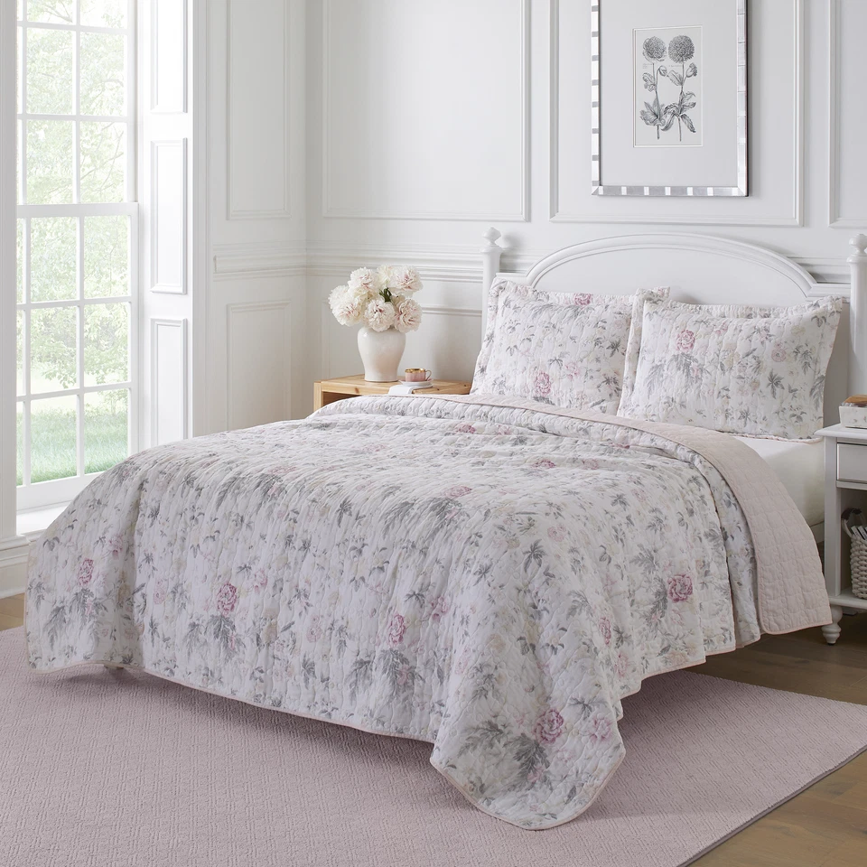 Laura Ashley Breezy Floral Pink Quilt Set Full/queen T4102047