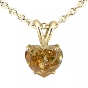 Heart Shape Diamond Solitaire Pendant Necklace Natural Brown 14K Yellow Gold 1CT - Picture 1 of 8