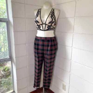 Vintage 80s Red Plaid Stirrup Pants Leggings Ponte Knit Casablanca Size 12 - Picture 1 of 10