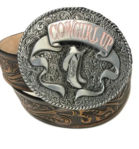 Leather Belt Oak Leaf Design Cowgirl Up Buckle Brown Handmade Sizes 30-52 - Picture 1 of 8