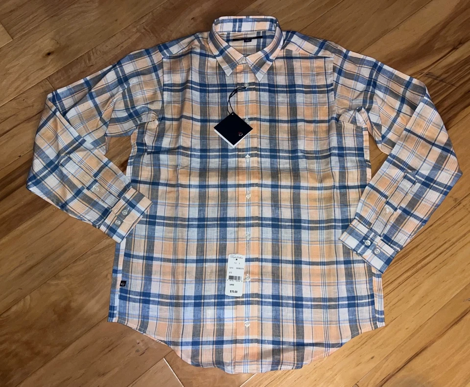 NUEVO CON ETIQUETAS BROOKS BROTHERS NIÑOS AZUL Y NARANJA A CUADROS LINO ABOTONADO TALLA L LD6 Foto 1 de 4