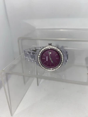 Reloj para mujer Fossil correa transparente cristal brillante estrás bisel vino/borgoña Foto 1 de 4