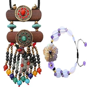 Bohemian Beaded Necklace for Women Long Boho Pendant Wood Mala Beads Wooden S... - Picture 1 of 7