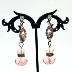 Pink Beaded Dangle Earrings Gold Tone Pierced Glam Bling Sparkle Holiday Party - Picture 1 of 9