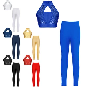 Kids Girls Sweatsuit 2-Piece Crop Top With Pants Dance Vest And Tights Running - Picture 1 of 58