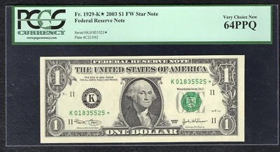 FR. 1929-K* 2003 $1 FW *STAR* FRN FEDERAL RESERVE NOTE DALLAS, TX PCGS UNC-64PPQ - Image 1 of 2
