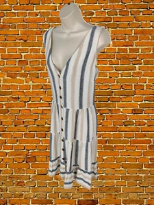 NEXT WHITE DRESS SIZE UK14 LINEN WOMENS STRIPE SLEEVELESS BUTTON UP SUMMER BEACH - Picture 1 of 5