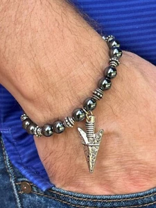 Men's Arrowhead Hematatite Beaded Bracelet, Black, Silver Bead, Gemtsone, Unisex - Picture 1 of 3