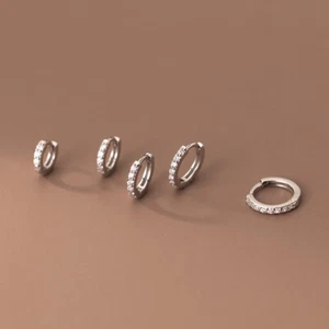 925 Sterling Silver Crystal 8-12 mm Huggie Hoop Earrings - Picture 1 of 6