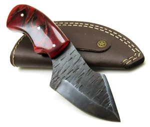 Damascus Knife 6" W/ Leather Pouch Pro Handle Lava Red Multi Purpose Hunting - Picture 1 of 9