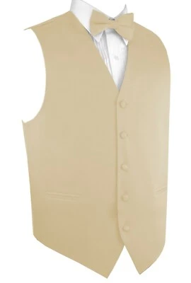 Men's Solid Satin Champagne Tuxedo Vest & Bow-Tie Set. Formal Dress Wedding Prom - Image 1 of 4
