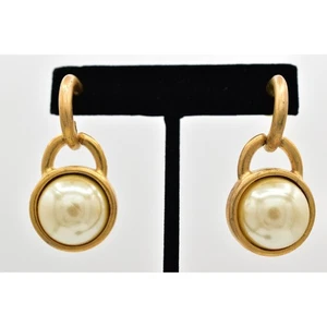Vintage Pearl Drop Earrings Dangle Brushed Gold Matte Post Chunky NOS 1980s A23 - Picture 1 of 12