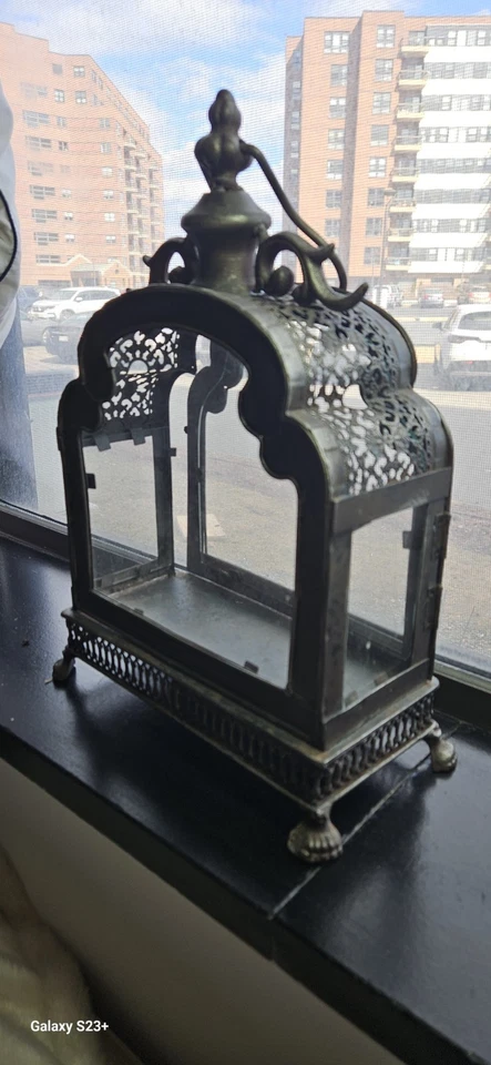 Antique Decorative French Wrought Iron Metal 4 Sided Glass Lantern Hand Hammered - Image 1 of 4