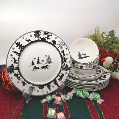 222 Fifth ADIRONDACK Black Winter Nature Natal jantar salada prato tigela de sopa - Imagem 1 de 2