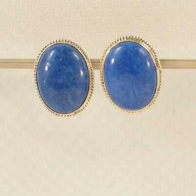 14k Solid Yellow Gold Genuine Oval Cabochon Lapis Lazuli Stud Earrings - Image 1 of 4