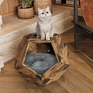 25.98'' Hexagonal Shaped Modern End Side Table Cat Kennel Pet MDF Antique Brown - Picture 1 of 9