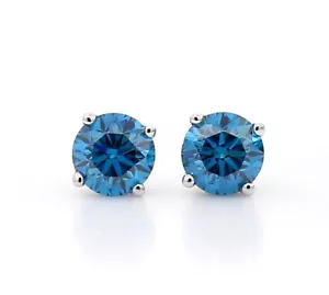 1.00Ct Round Natural Blue Diamond 14K White Gold Engagement Stud screw backs - Picture 1 of 6