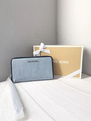 MICHAEL KORS JET SET VIAJE MULTIFUNCIÓN GRANDE TELÉFONO BILLETERA DENIM LIGERO CON CAJA Foto 1 de 4
