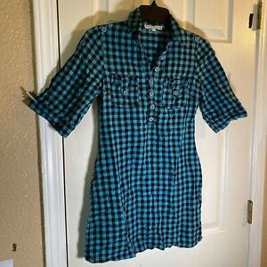 Almost Famous Women Small Shirt Dress Plaid Checks Checkered 3/4 Sleeves Pockets