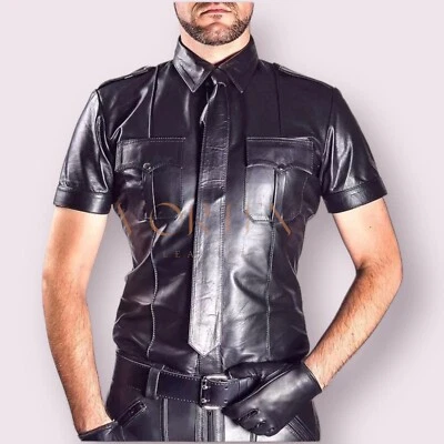 Gay Men's Black Classic Shirt Genuine Lambskin Leather Shirt Real Leather Shirt - Image 1 of 4