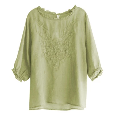 Women Retro Cotton Shirt Floral Embroidery Crew Neck Blouse Plus Size - Image 1 of 4