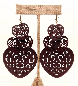 E001 Bohemian style Carved brown color Wood 4Heart Dangle fashion earrings #2 - Picture 1 of 3