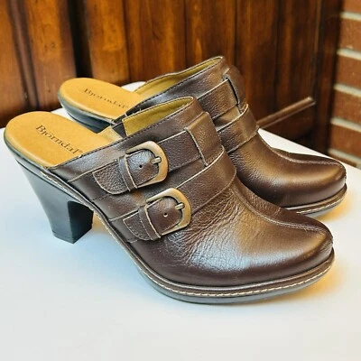 Bjorndal Juliana Brown Leather Clog/Mule Slip On Sz 8.5 W/3.5” Heel Side Buckles - Image 1 of 4