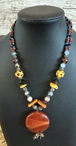 Boho Carnelian Pendant on Glass Beaded and Sterling Silver Necklace 16” - Picture 1 of 8