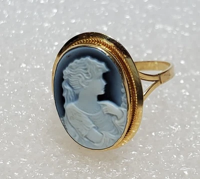 Anillo camafeo vintage de ágata azul oro 18k de Nápoles Italia talla 6,25 750 NA 1,87 g Foto 1 de 4