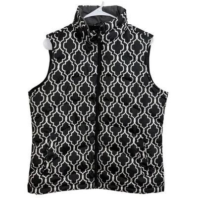 Chaleco acolchado Lands' End para mujer M negro blanco estampado geométrico plumón aislado Foto 1 de 4