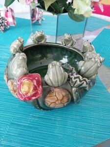 Vtg 8 Frog Wi Lotus Flower Planter/Candy Disg Green Glaze Super Cute & Versatil - Picture 1 of 7