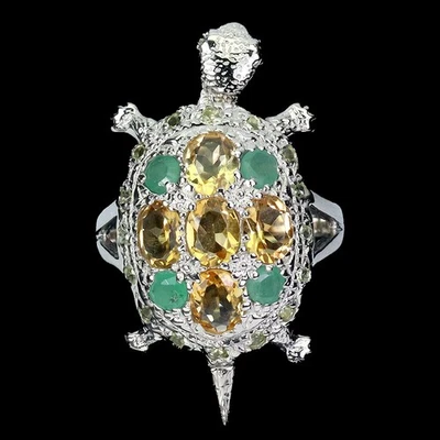 黑色星期五纯银戒指黄水晶翡翠橄榄石榴石龟 8 码 — 第 1/4 张图片