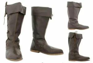 Medieval Leather Long Brown Reenactment Mens Shoe Pirates Costume Boots - Picture 1 of 4