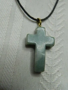 Cross Necklace Green Polished Gem Stone Adjustable Length Black Cord - Picture 1 of 5