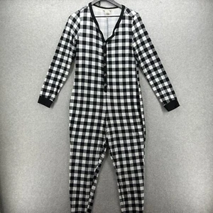 Lucky Brand One Piece Pajamas Womens Size Medium Black Check Long Sleeve Button - Picture 1 of 9