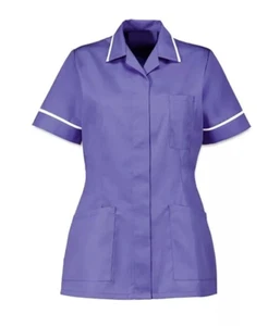 NURSES HEALTHCARE TUNIC, DENTAL NHS SCRUB TOP. PURPLE WITH WHITE TRIM. INS32PR - Imagen 1 de 1