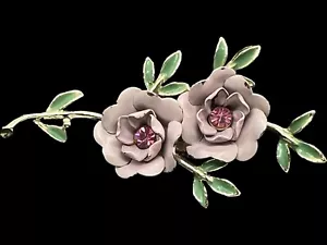 Vtg Enamel Leaf Roses Flower Pin Brooch Light Purple & Green Pink Rhinestone - Picture 1 of 5