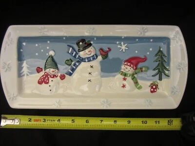 St. Nicholas Square CHILL OUT Snowmen Hand painted Ceramic Serving Tray 14x6 - Image 1 of 4