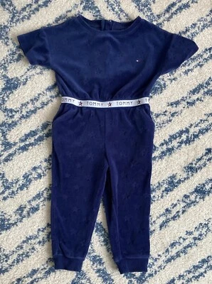 Tommy Hilfiger Toddler Girl Flag Blue Star Embossed Velour Jumpsuit Size 3T - Image 1 of 3