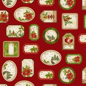 Christmas Labels Red With Metallic Holiday Village Sewing Quilting Fabric FQ - Bild 1 von 3