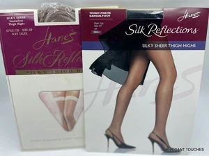 2prs VGT Hanes Silk Reflections Thigh Highs Sz EF Sheer 720 Soft Taupe Jet Black - Picture 1 of 8
