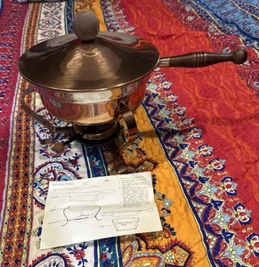 vintage copper brass wood handles chafing dish double warmer fondue pot pan - Picture 1 of 8