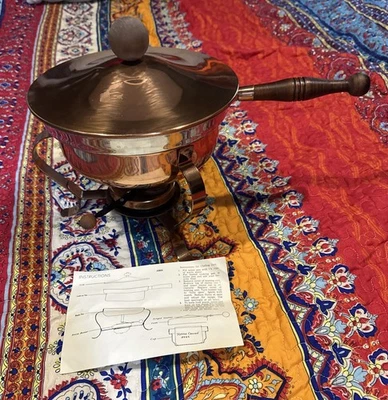 vintage copper brass wood handles chafing dish double warmer fondue pot pan - Image 1 of 4