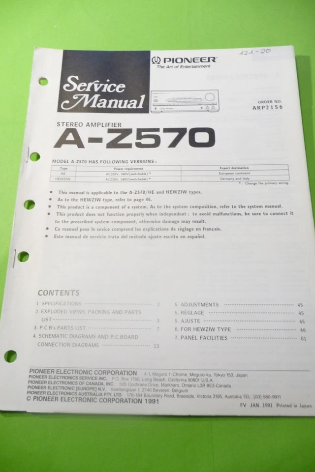 Manuale Di Servizio Per Pioneer A-Z570, ORIGINALE - Immagine 1 di 1